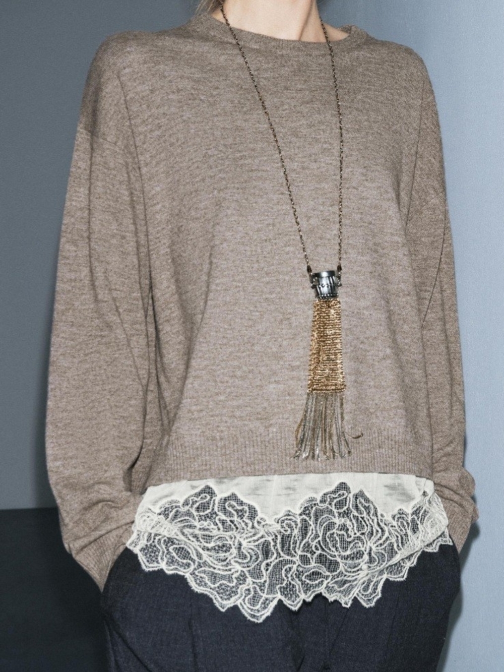 Zara Taupe Knit Sweater with Cream Lace Hem